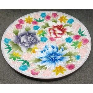 Vtg Cloisonne Floral Plate Enamel Over Metal Spring Flowers Black Rose
